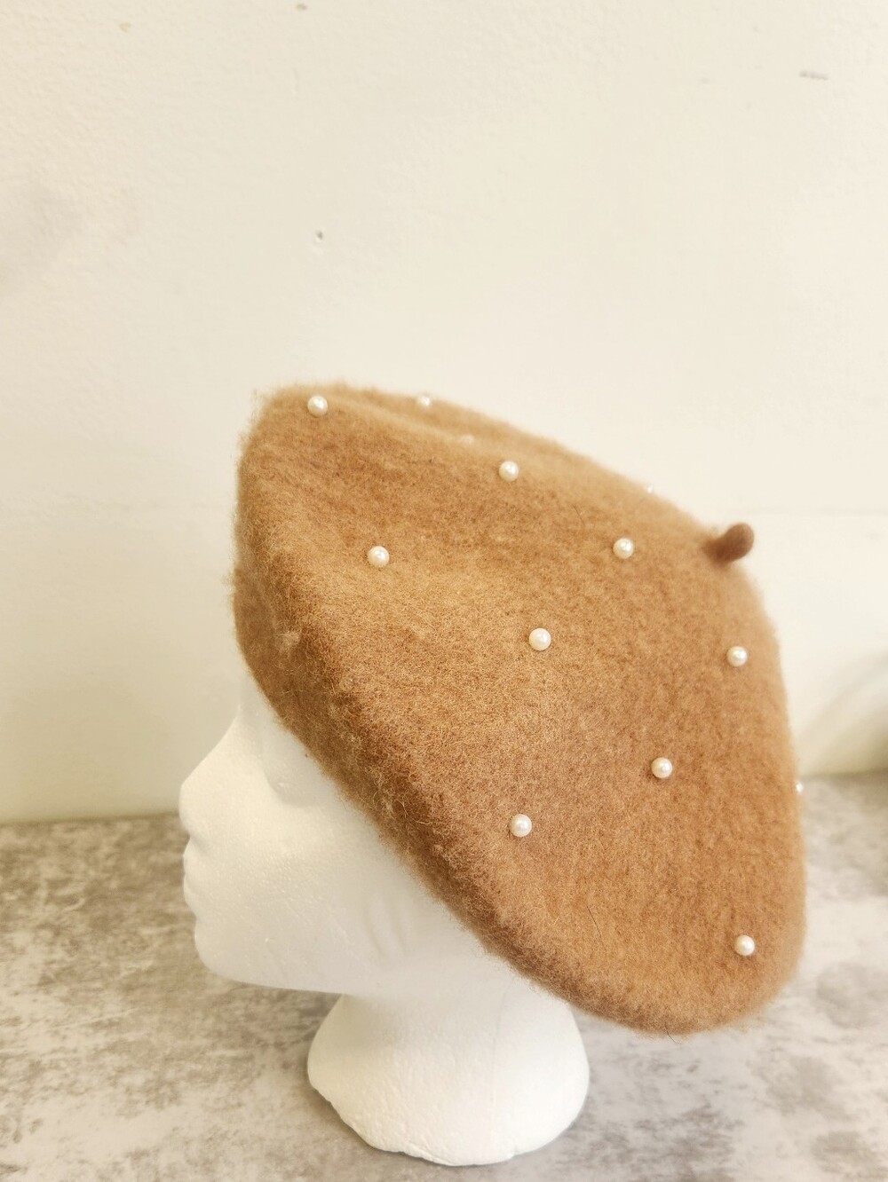 Zara Wool Beret Camel Embellised Faux Pearls S/M Quiet Luxury Glam
